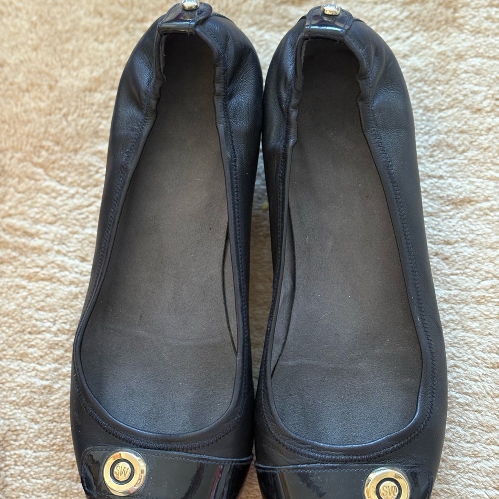 Stuart Weitzman Black Leather Flats with Gold Detail